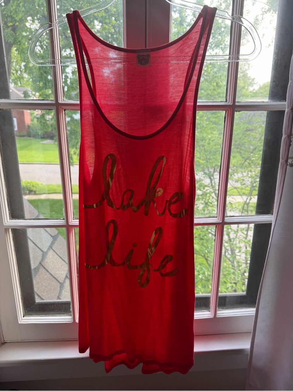 Redish/Coral ‘Lake Life' Graphic Tank Top with Gold Script - size medium